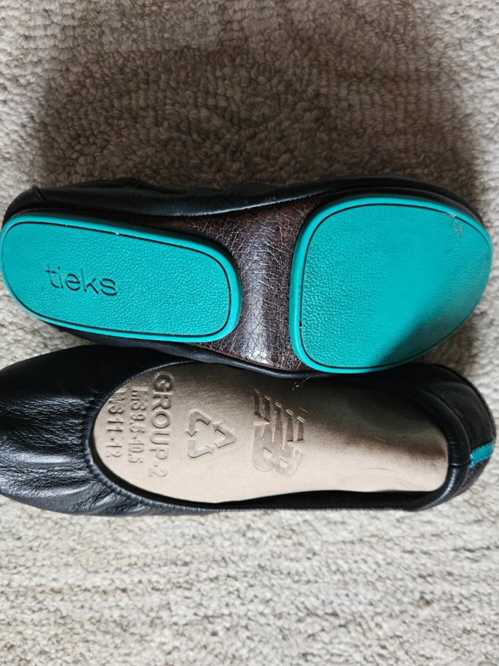 Tieks Black Leather Ballet Flats Size 9 Turquoise Accents - Foldable Shoes - Picture 2 of 8